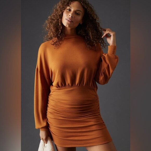 Daily Practice Rust Brown Ruched Mini Sweater Dress Open Back Long Sleeve Small - Picture 3 of 12